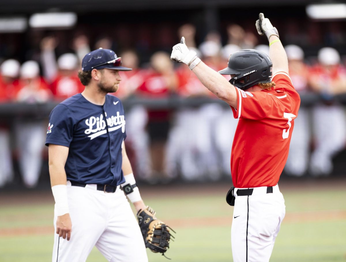 Western Kentucky University outfielder Parker Coley (5) narrowly secures first base during WKU’s 5-6 loss against Liberty University at Nick Denes Field on Saturday, April 4, 2026. 