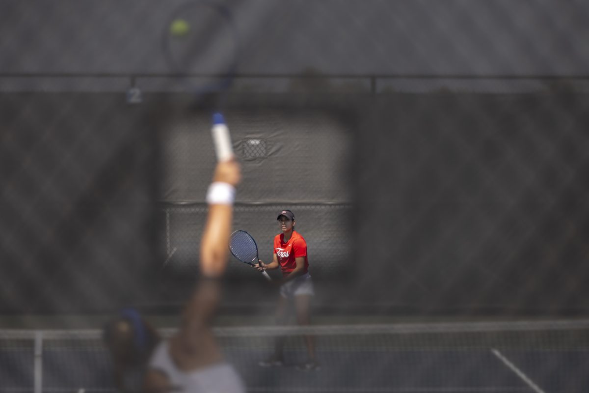Western freshman Barbara Olvera stands prepared to return a serve during Western’s match against Middle Tennessee State University at the Warren County Tennis Facility at Michael O. Buchanon Park on Thursday, April 9, 2026. Coming into the match, Olvera led her team with 10 singles wins this season.