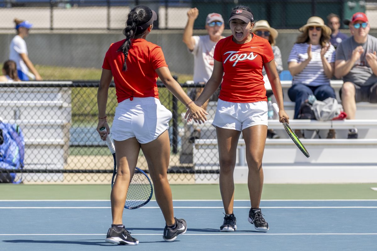 Western freshman Barbara Olvera (left) and junior Ariadna Fernandez (right) celebrate during Western’s match against Middle Tennessee State University at the Warren County Tennis Facility at Michael O. Buchanon Park on Thursday, April 9, 2026. Coming into the match, Fernandez, one of five newcomers on this year's roster, has posted nine singles wins this season.