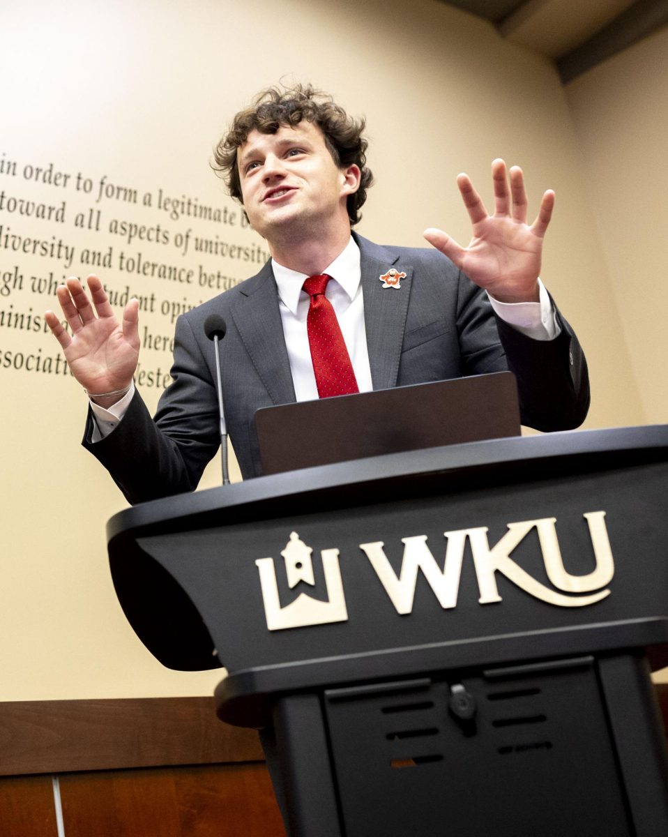 President Rush Robinson gives his final report of the 25th senate during the weekly SGA meeting on Tuesday, April 14, 2026 in Senate Chambers. Robinson said his favorite part of being president was seeing everyone he appointed flourish in their roles. 