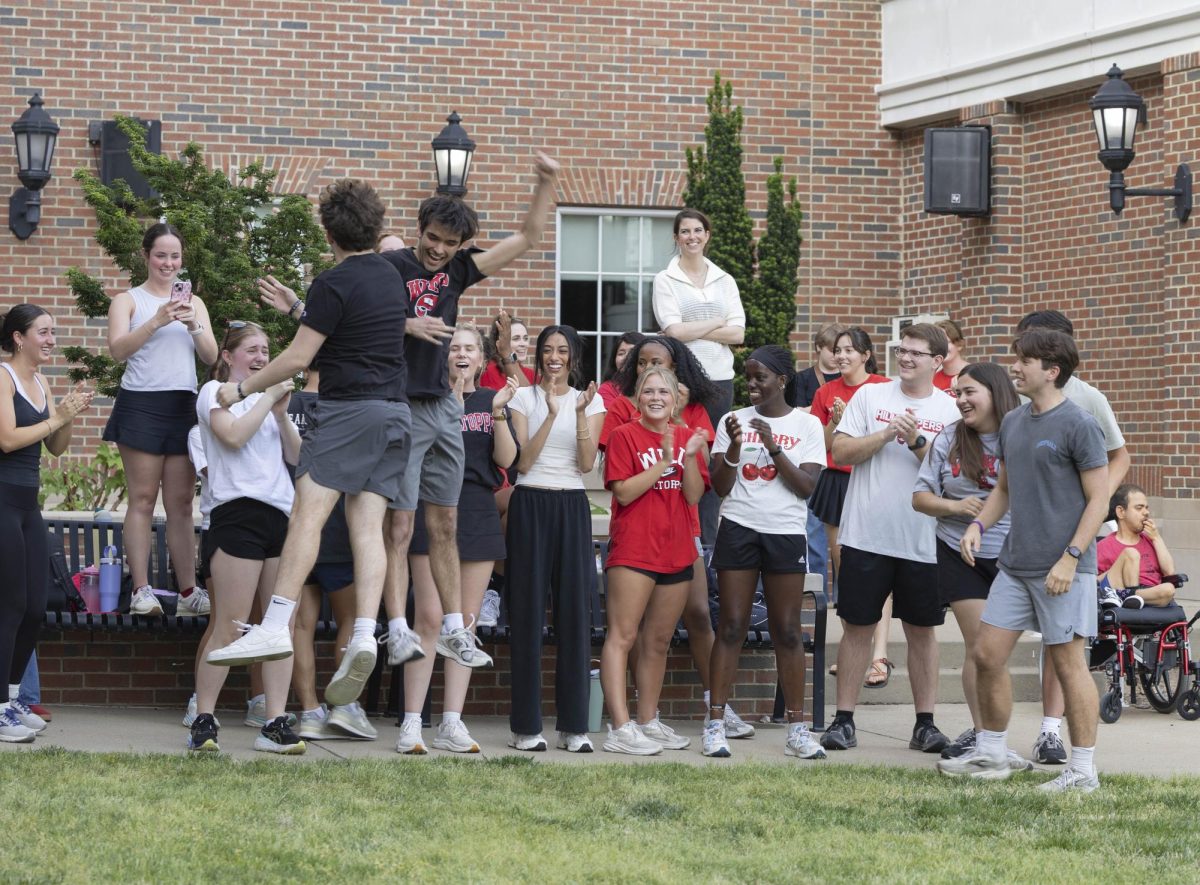 The Spirit Masters celebrate making the their first home run at the Spirit Masters v.s. HonorsToppers kickball game held at Western Kentucky Universities Honors College yard on April 15, 2026.