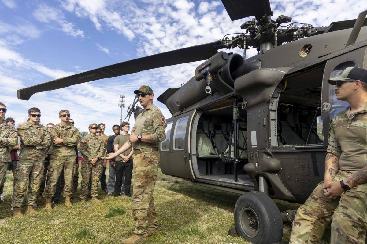 1LT Neville talks to the ROTC students of WKU before about the poetical with riding in the BlackHawk Helicopter on Thursday, April 16, 2026.