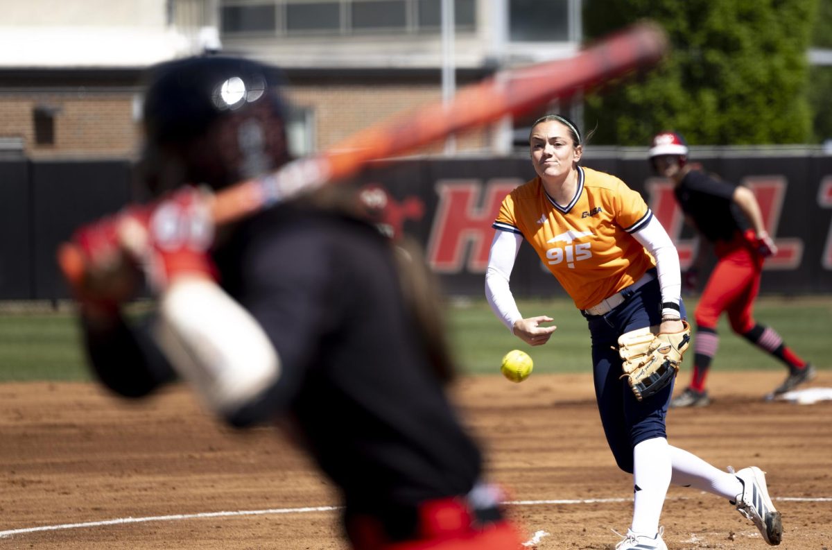 UTEP’s Pitcher Hannah Jones (10) pitches the ball in a game against WKU on Sunday, April 19, 2026. WKU won this game in 8-3 lead.