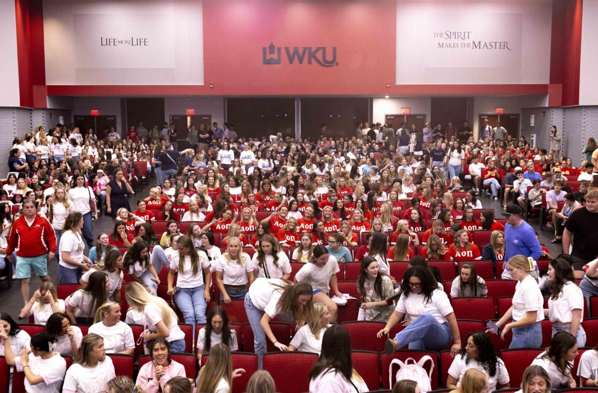 Members of Greek life rush to fill the Downing Student Union auditorium just as the doors are opened for Greek Jeopardy, an event held in celebration of Greek Week, on Tuesday, April 21, 2026. 