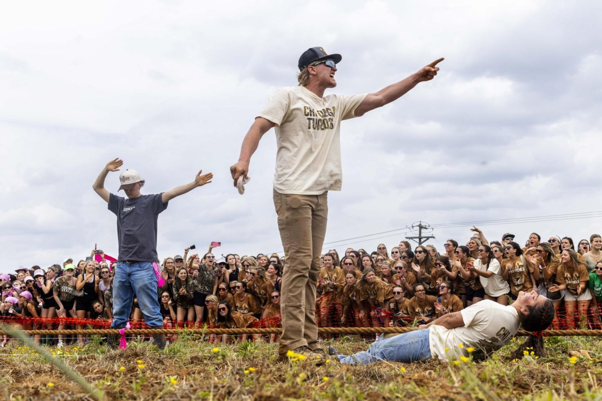 Chi Omega tug coach Chaz Wilson rallied the sorority to it’s second championship win during the annual Greek Week “Tug” competition at the WKU Agricultural Research and Education Center on Friday, April 24, 2026. 