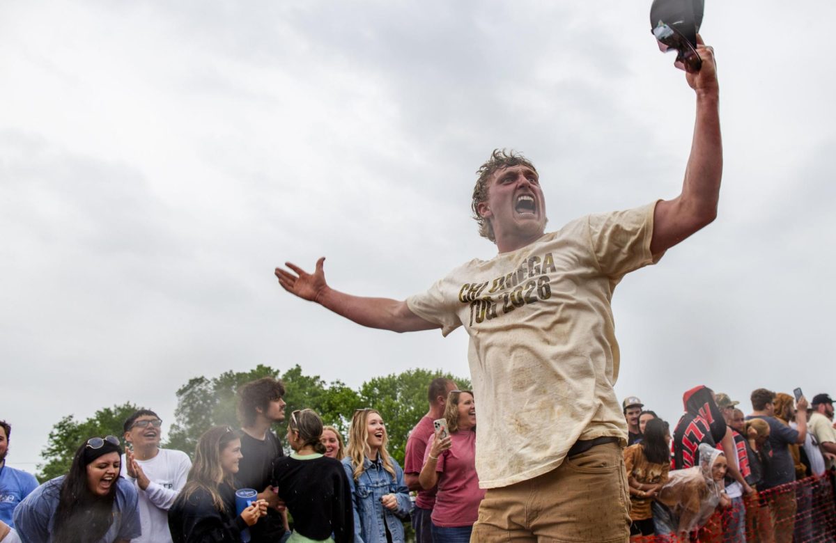 Alpha Gamma Rho tug coach Chaz Wilson led his team to a dominant win over Farmhouse Fraternity during the annual Greek Week “Tug” competition at the WKU Agricultural Research and Education Center on Friday, April 24, 2026. “Farmhouse is the only team we give a s— about,” Wilson said, “we are going to f— them up.” 