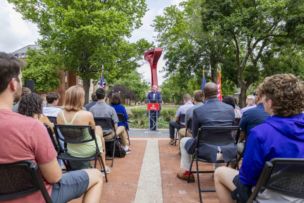 Western Kentucky University President Timothy Caboni recognizes Team 14’s commitment and effort to raise money for Alzheimer’s disease during the Bike4Alz proclamation signing ceremony in Centennial Mall on Tuesday, April 28, 2026. 