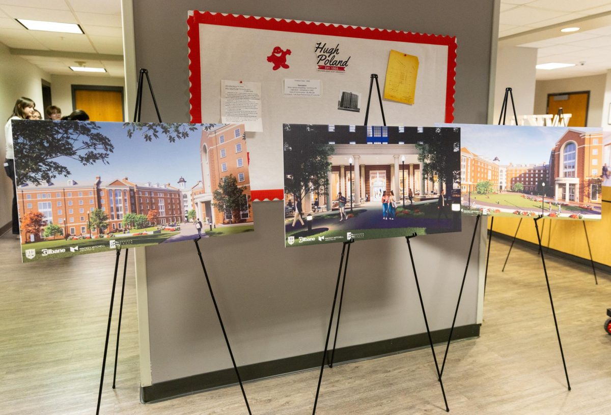 New residence hall buildings slated to replace Hugh Poland and Douglas Keen stand near the entrance of Hugh Poland at Western Kentucky University, Thursday, April 30, 2026. The buildings are expected to be completed in 2028.