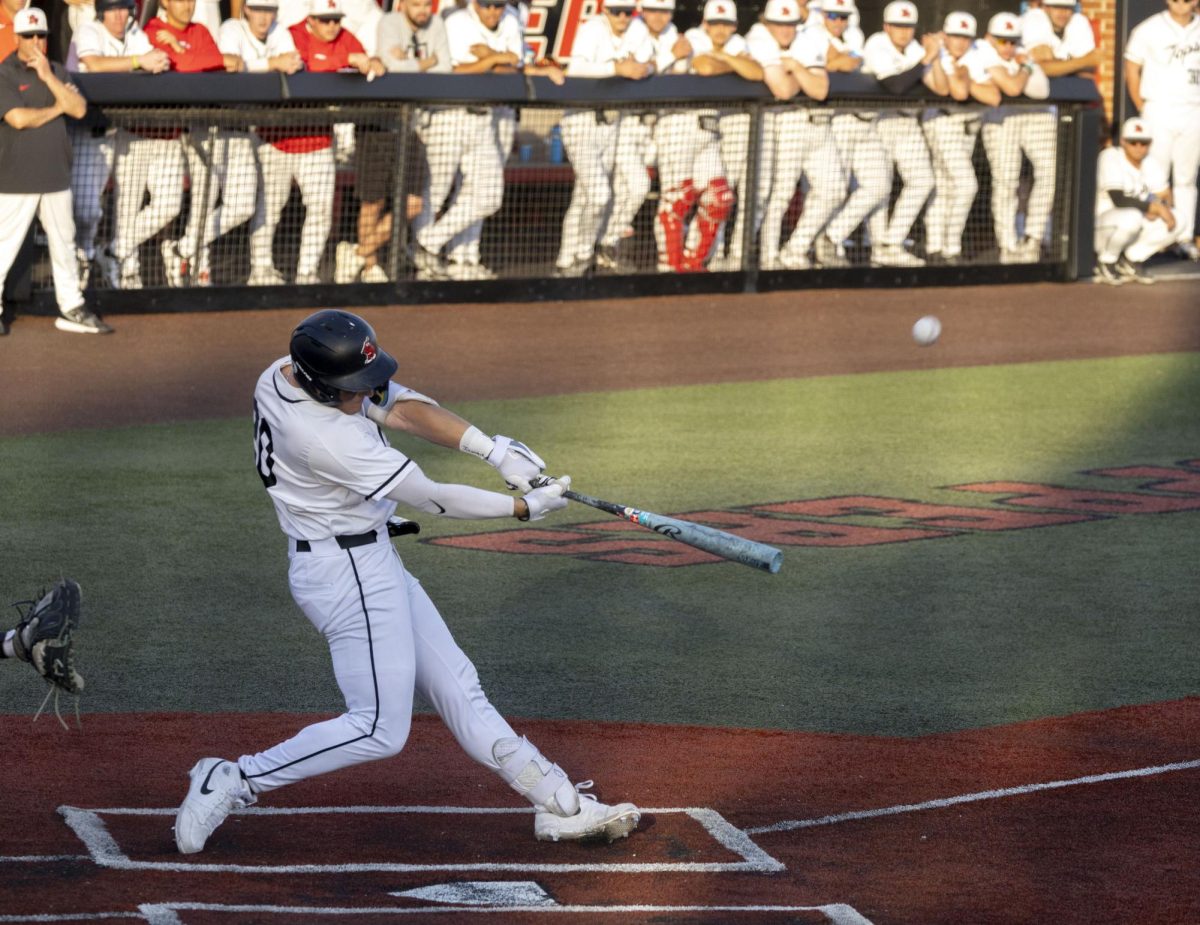 Western Kentucky University catcher and infielder Kyle Hayes (20) went up to bat four times and secured hit a homer in the second inning on Friday, April 10, 2026 during a home game against New Mexico State University. 