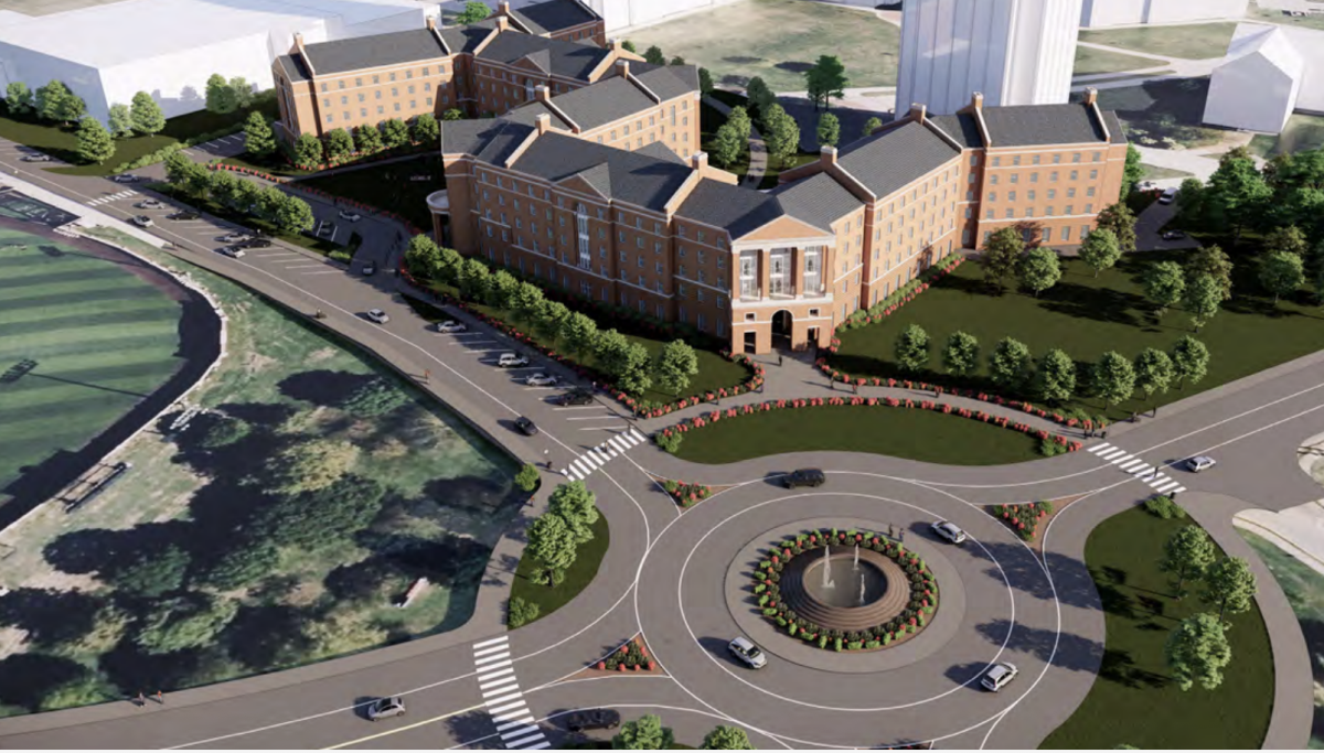 La representación de la residencia de estudiantes incluida en la propuesta de Gilbane a la WKU. La rotonda se encuentra en la intersección de University Boulevard, Avenue of Champions y Russellville Road.