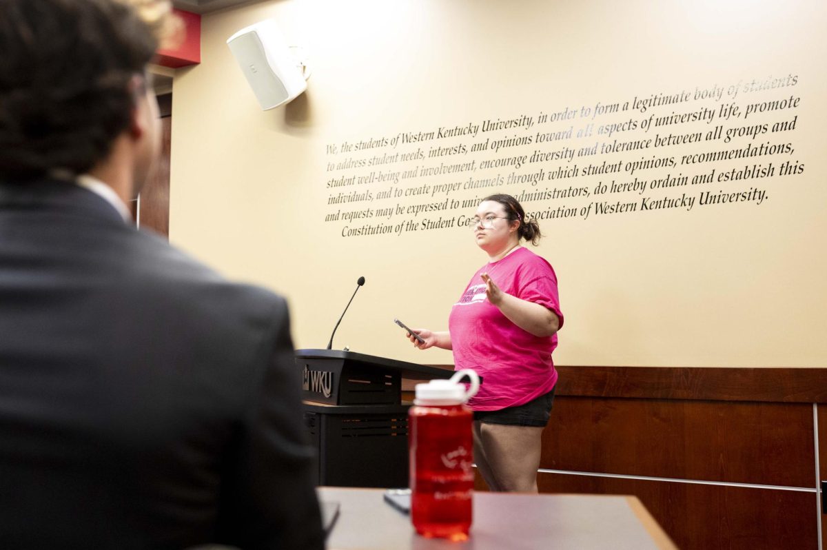 (FILE PHOTO) Zee Brown, the head of WKU’s planned parenthood chapter, speaks as a guest during the weekly SGA meeting on Tuesday, April 14, 2026 in Senate Chambers.