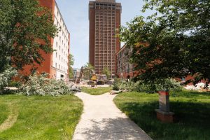 Construction equipment begins on the smaller right half of Douglas Keen on June 24, 2026, after entirely removing the lobby.