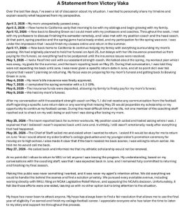 A screenshot of Victory Vaka's statement posted to his Instagram on July 18, 2026.