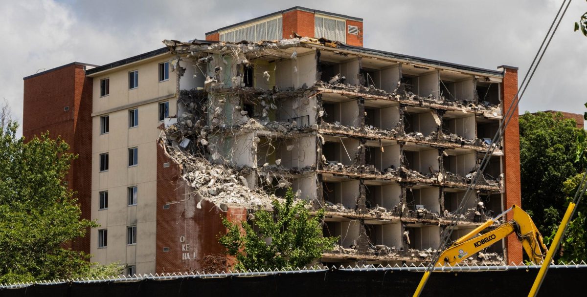 The exposed interior of the remaining half of Douglas Keen Hall on July 13, 2026.